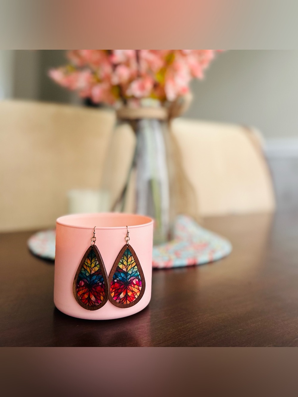 Colorful Stained Glass Style Wood Teardrop Dangle Earrings